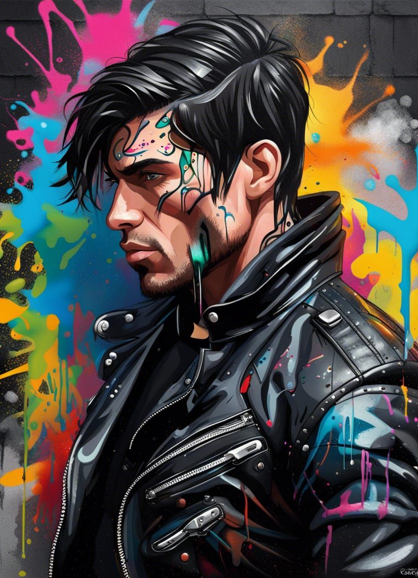 Handsome Man in Leather: Graffiti Street Art