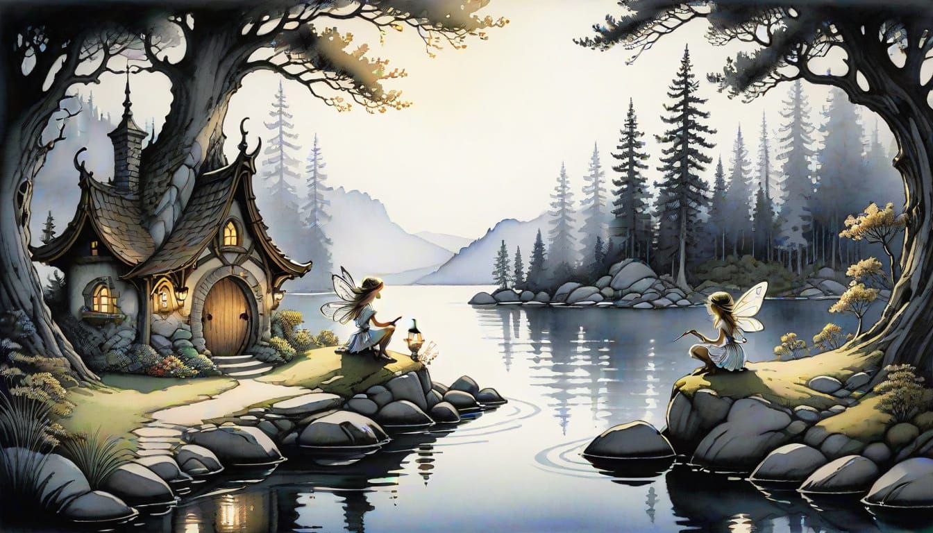 Fairies in Lake Tahoe Alcove, Arthur Rackham Style