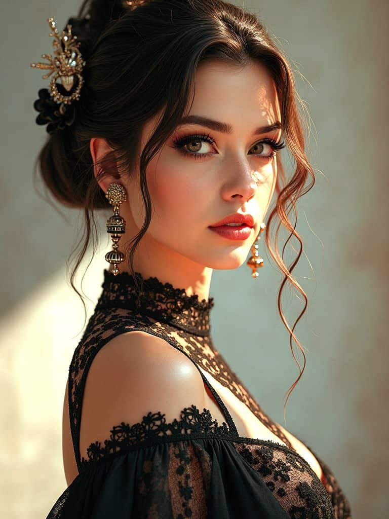 Realistic Portrait of Beautiful Girl in Art Nouveau Style