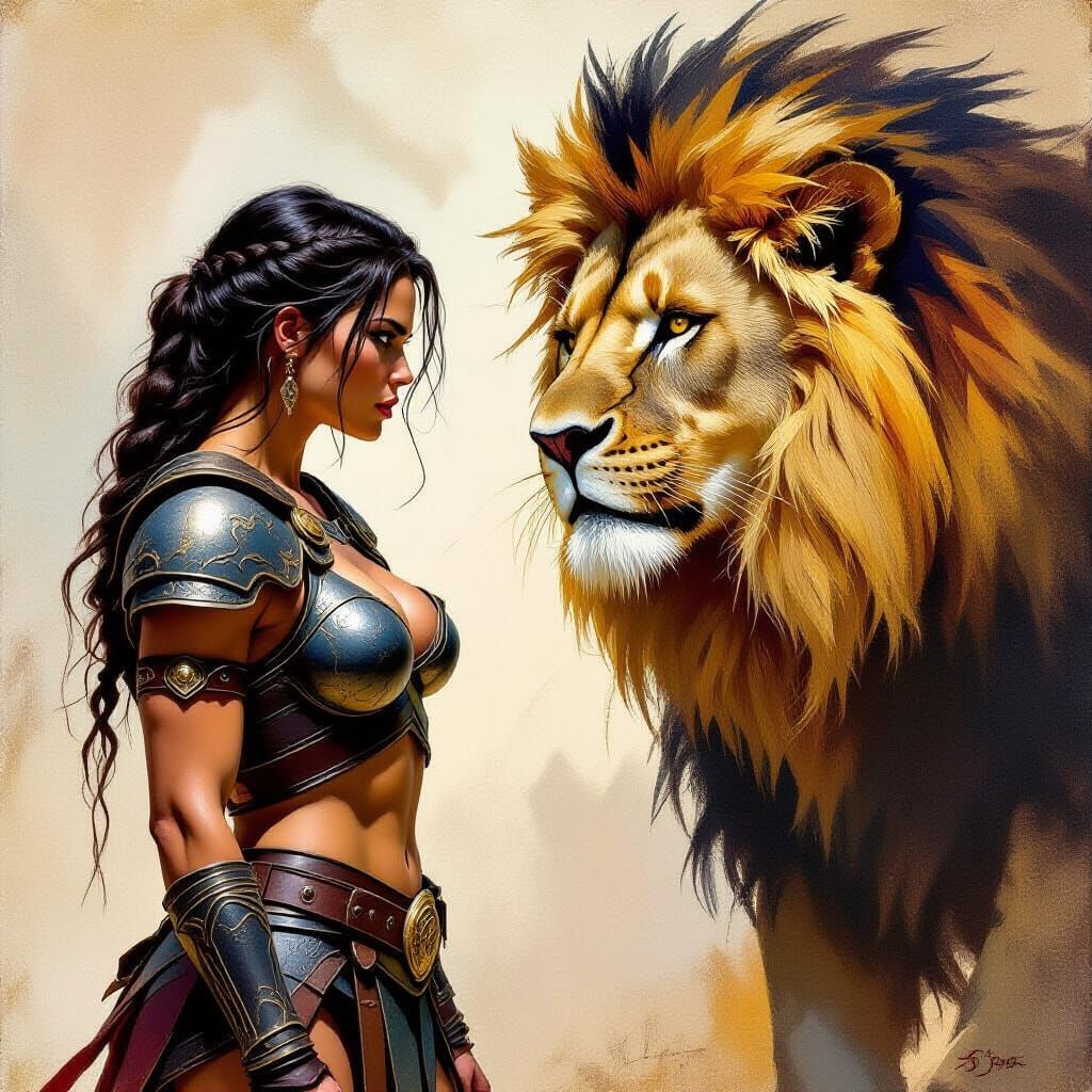 Spartan Warrior Confronts Lion in Fantasy Oil Painting