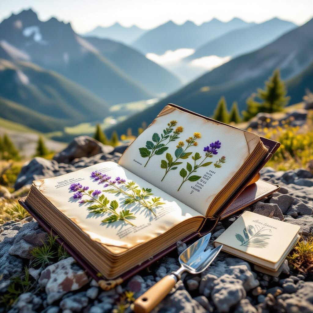 Botanical Field Journal on Mountain Rocks in Morning Light