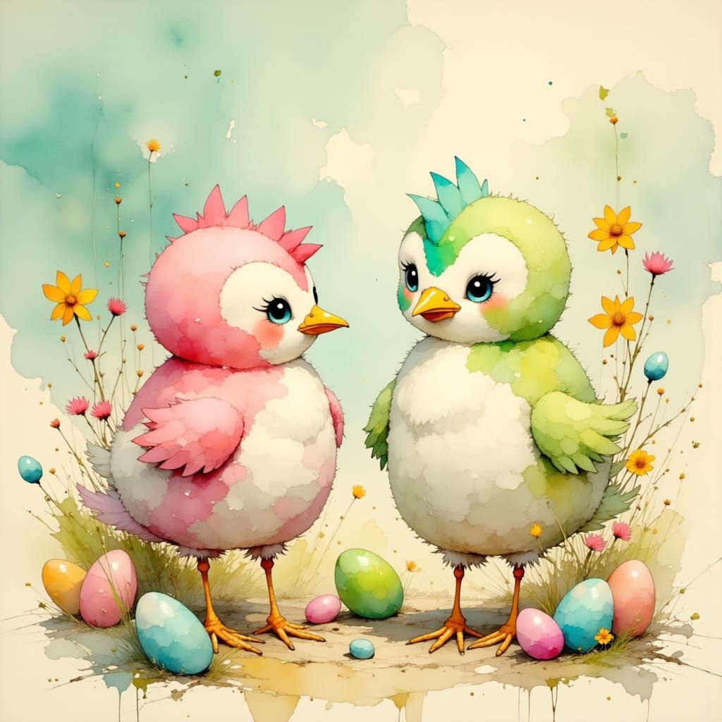 Whimsical Easter Chickens in Japanese Kawaii Style