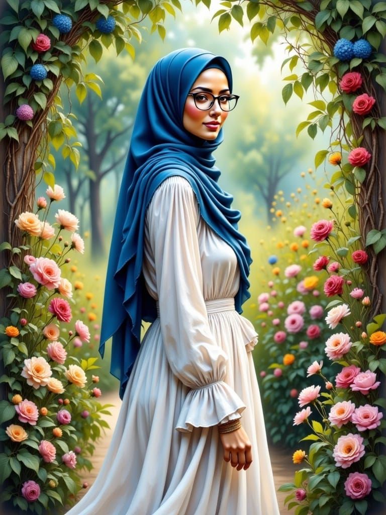 Serene Hijabi Woman in Lush Garden