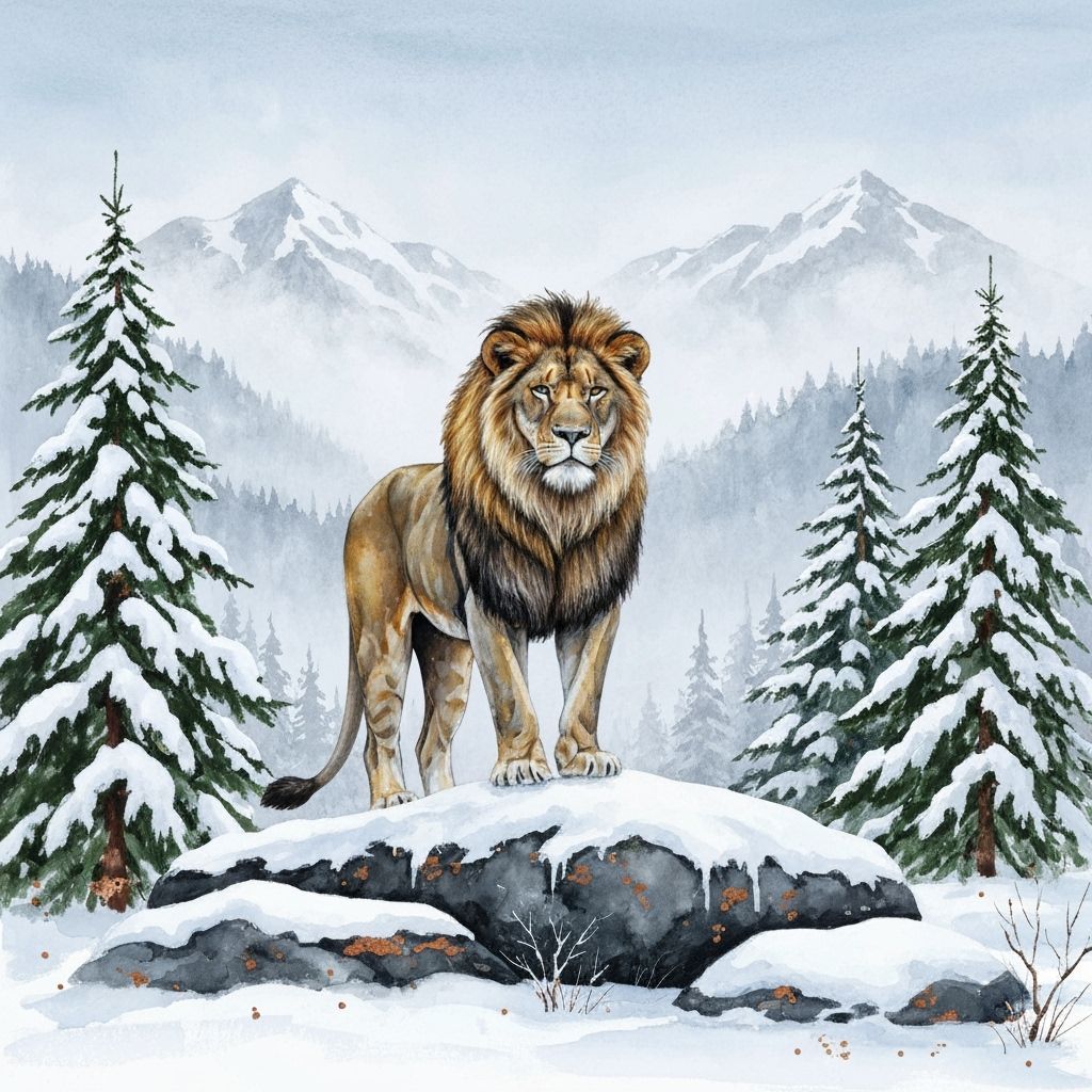 Majestic Lion in Snowy Mountain Landscape Watercolor