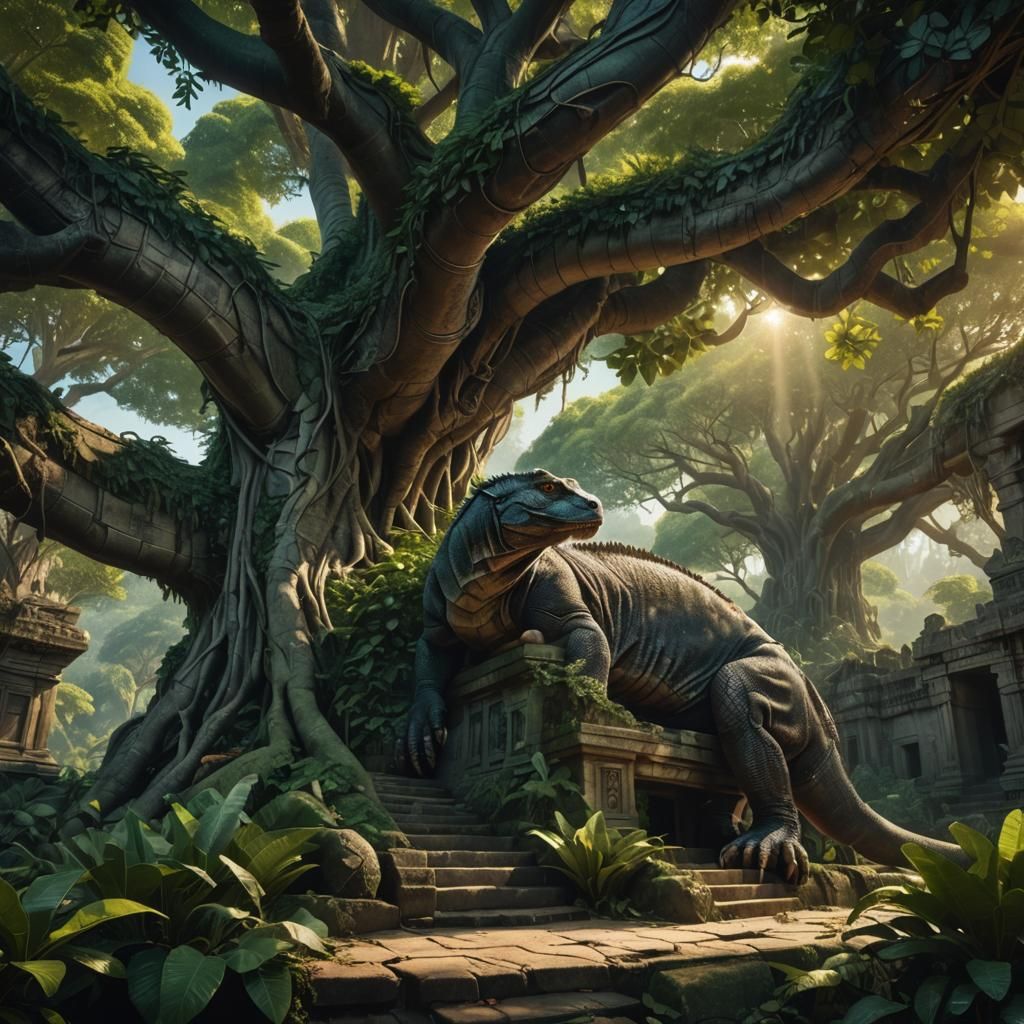 Jungle Temple with Komodo Dragon in Sunlight