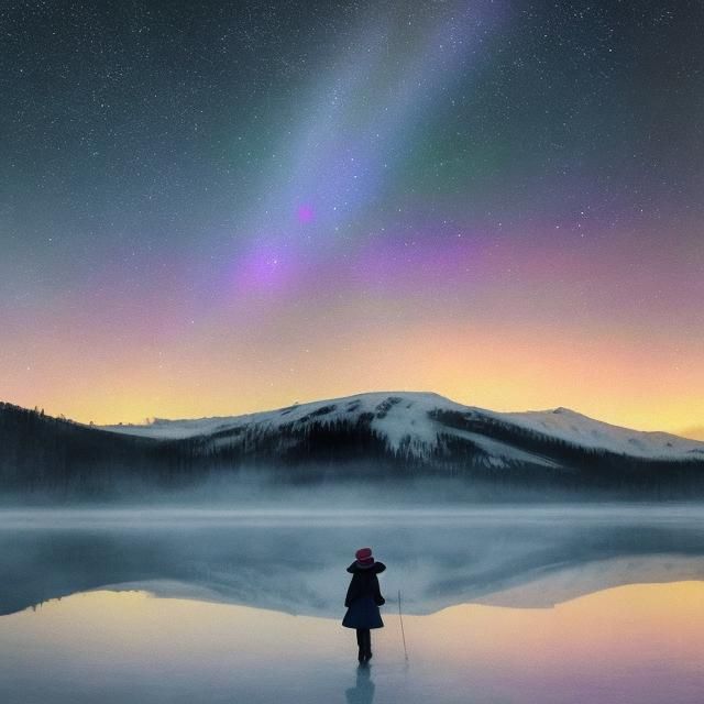 Woman Gazing at Northern Lights: Impressionist Digital Paint...