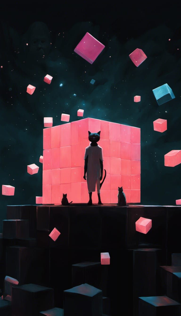Anime Cat with Floating Cubes in Comic Art Style