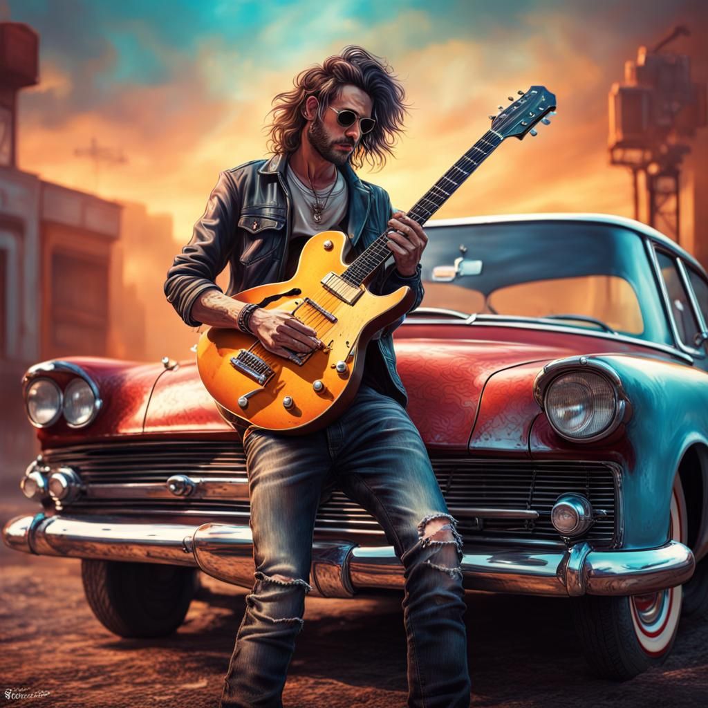 Rocker Guitarist on Vintage Car in Splash Art Style