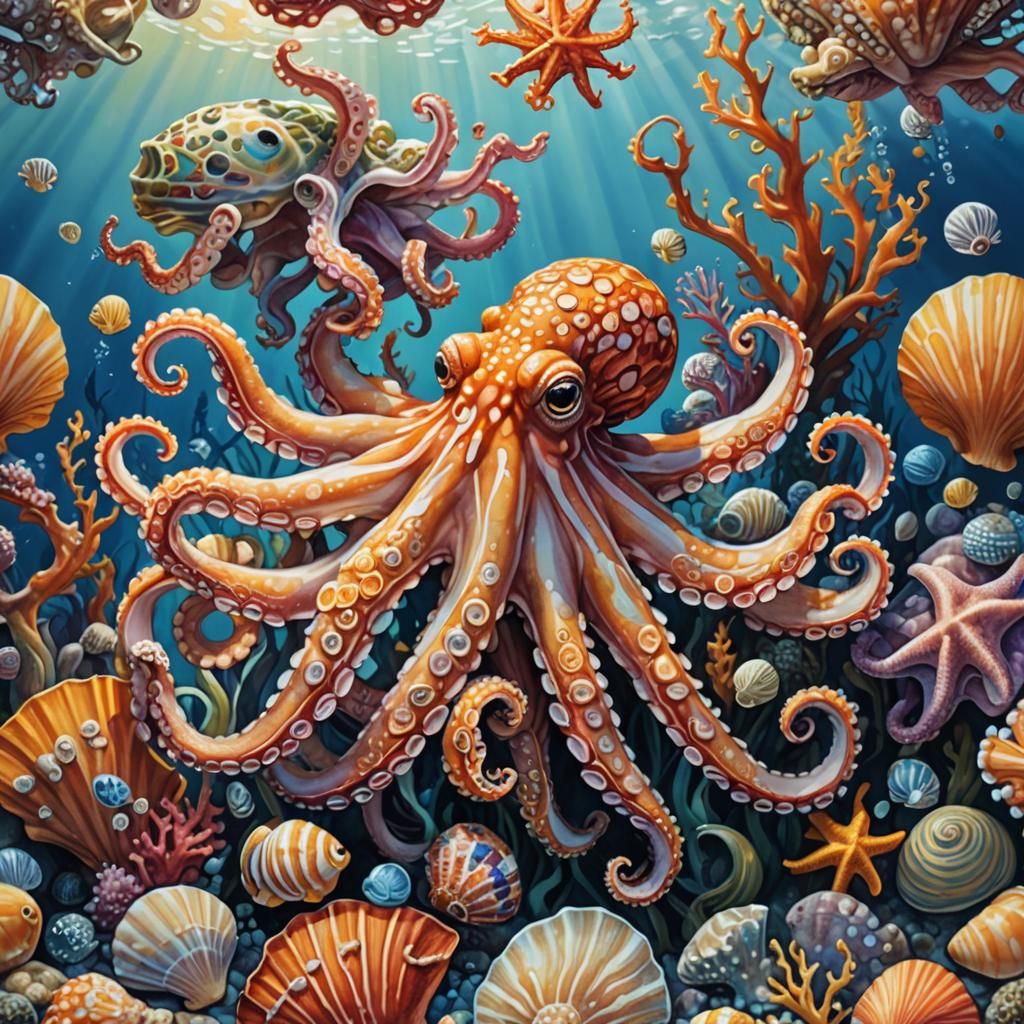 Underwater Octopus in Colorful Gouache Painting