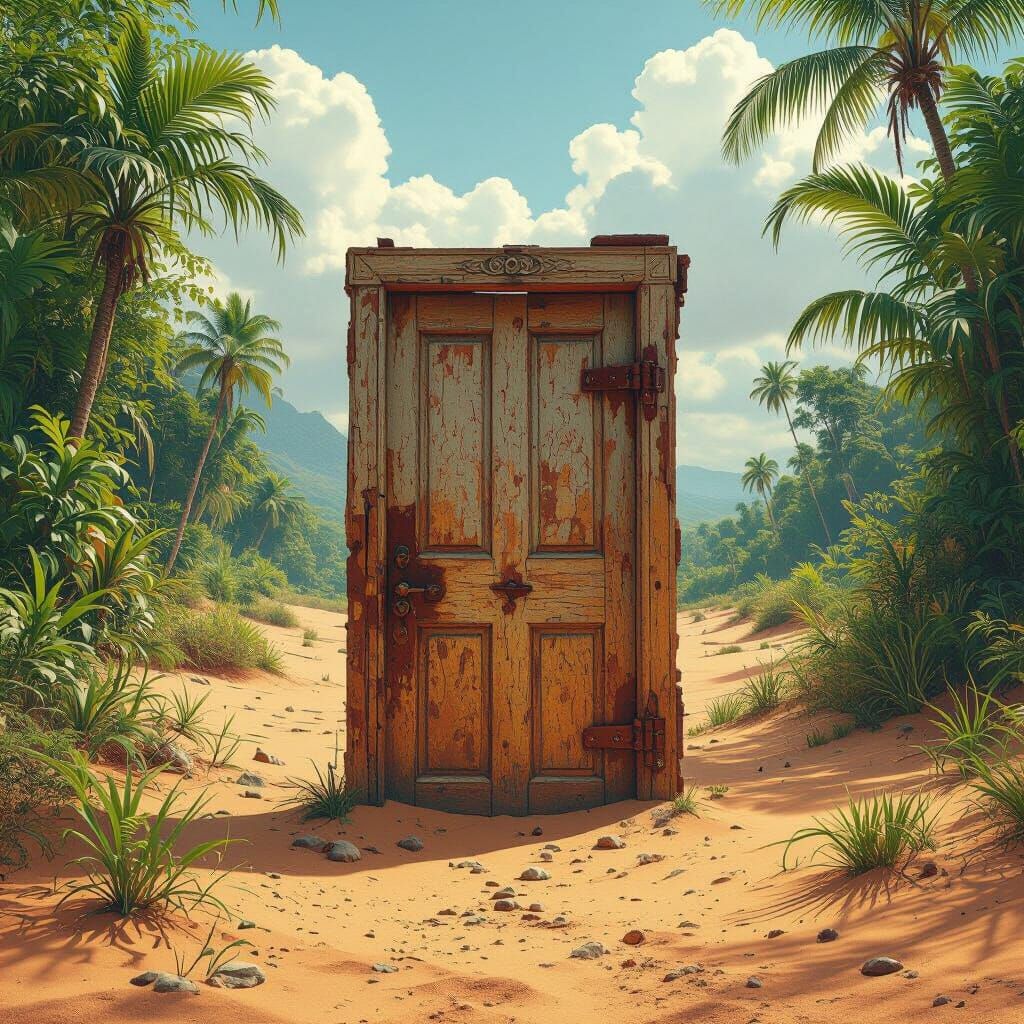 Weathered Door Reveals Rainforest in Desert Landscape