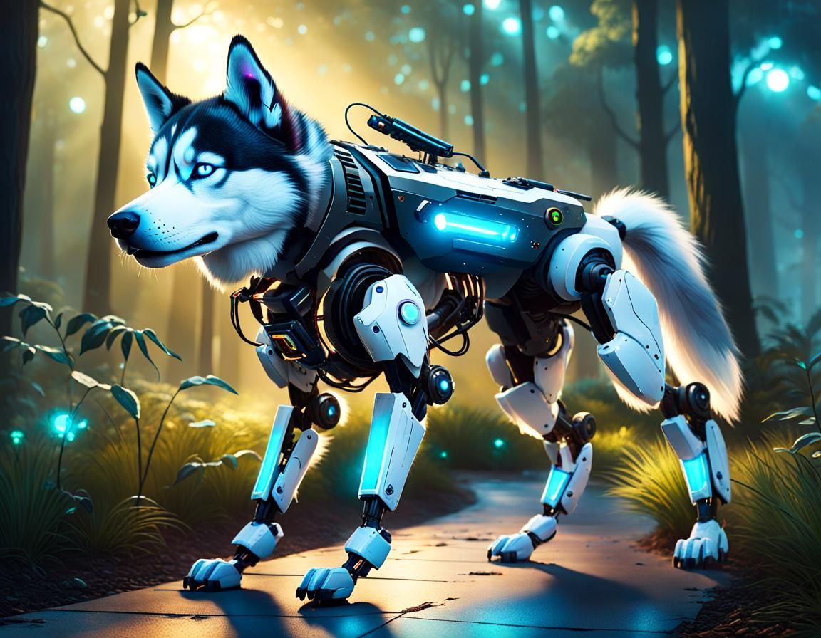 Cybernetic Husky Dog with LED and Robotic Enhancements