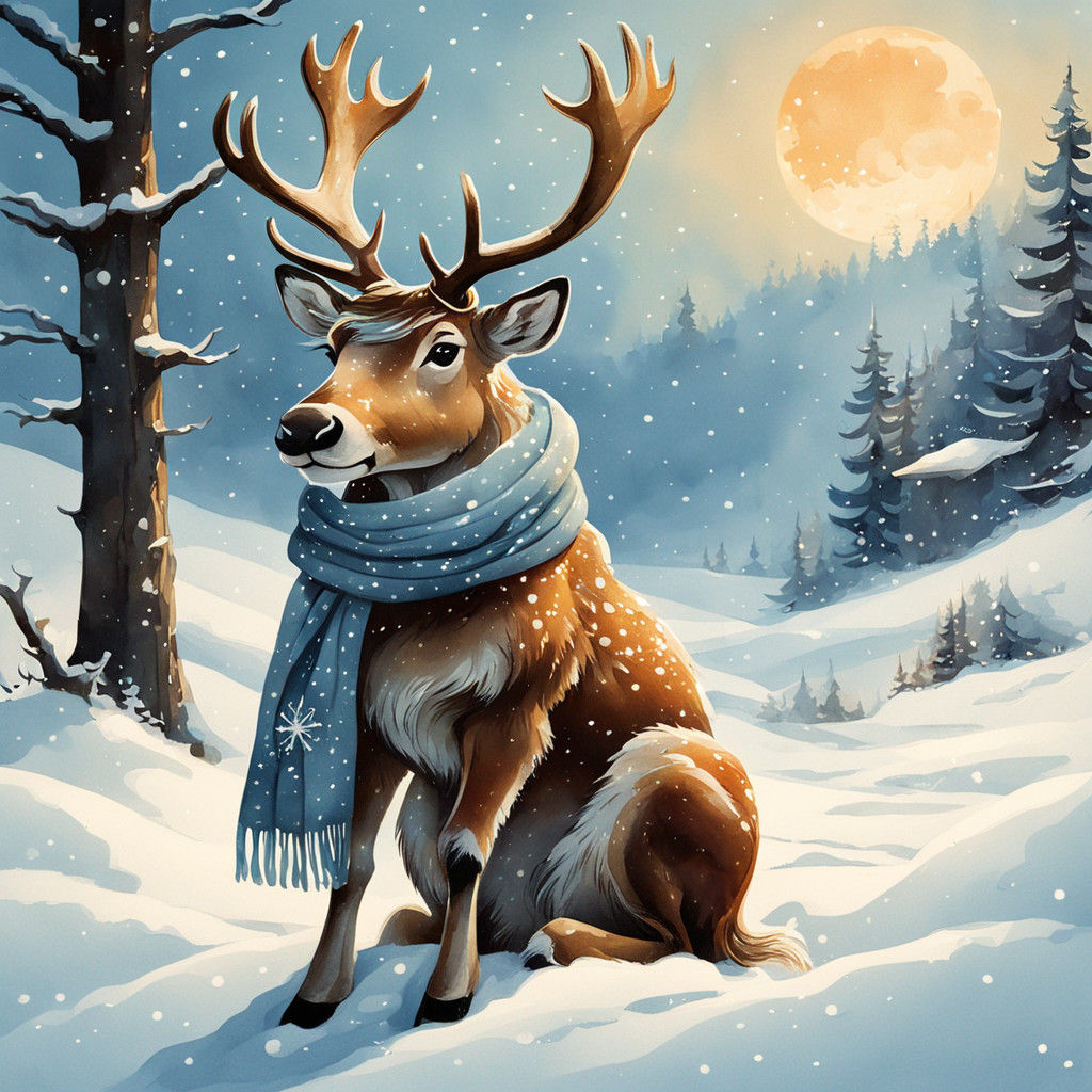 Whimsical Vintage Reindeer in Cozy Winter Scene