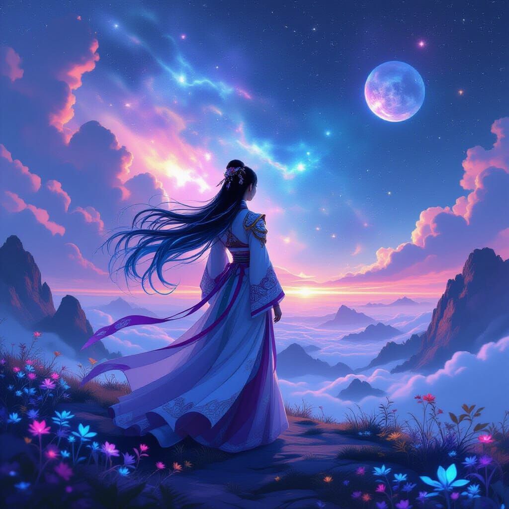 Korean Woman on Crystalline Planet Overlooking Nebula