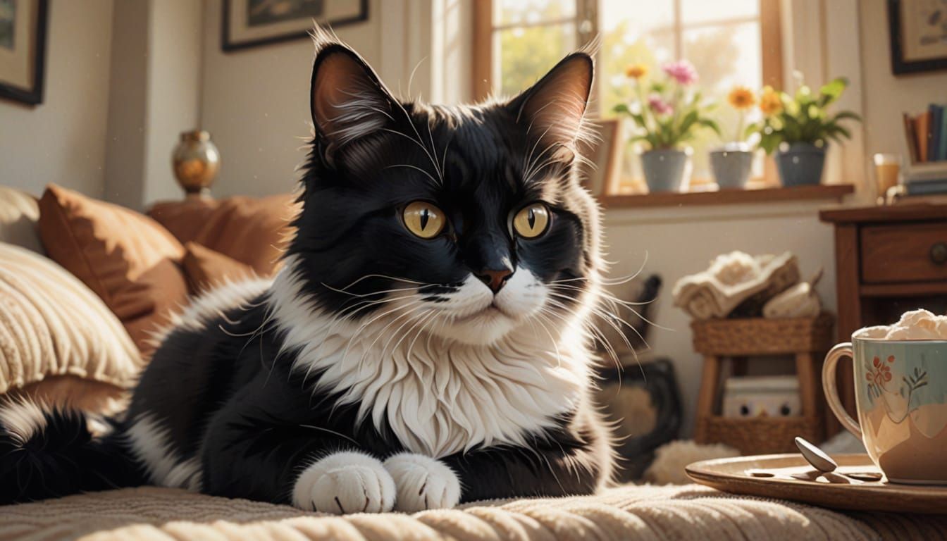 Whimsical Feline in Cozy Living Room Scene