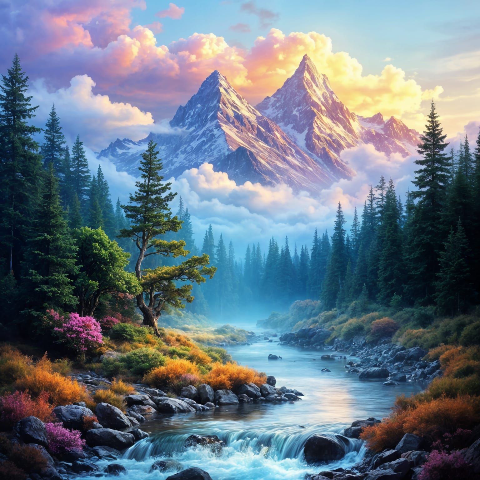 Peaceful Creek with Pink Mountains in Oil Painting Style