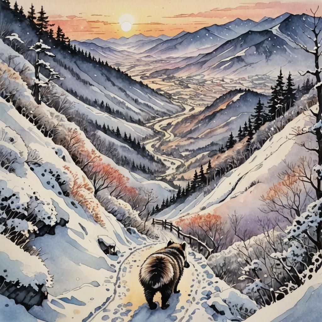 Akaigawa Hiking Trail: Watercolor Landscape with Raccoon Dog