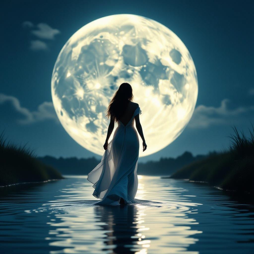 Moon Goddess Walks on Water Under Ethereal Moonlight