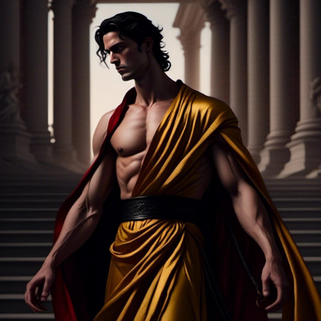 Hades in Gold Peplos on Olympus: Hyperrealistic Portrait