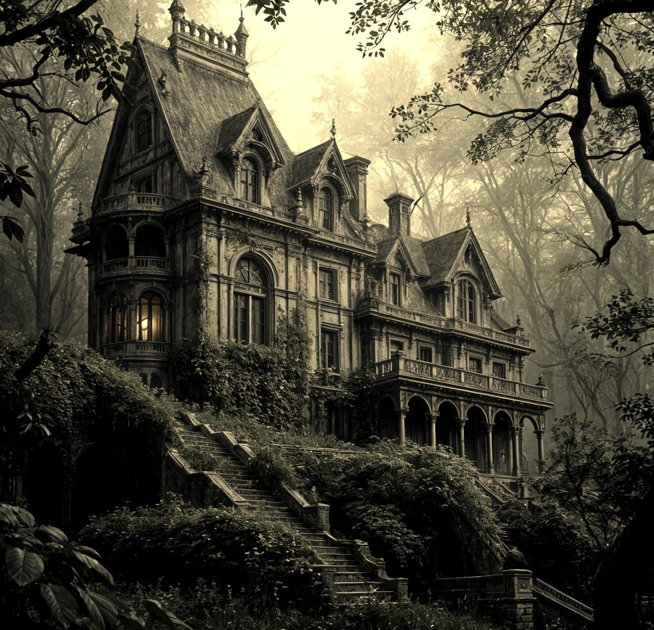 Decaying Mansion in Overgrown Forest: Dark Fantasy Art