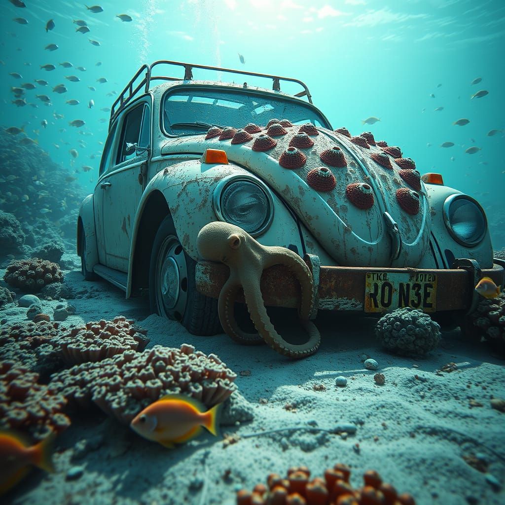 Rusty VW Beetle Wrecked on the Ocean Floor in a Retro-Futuri...