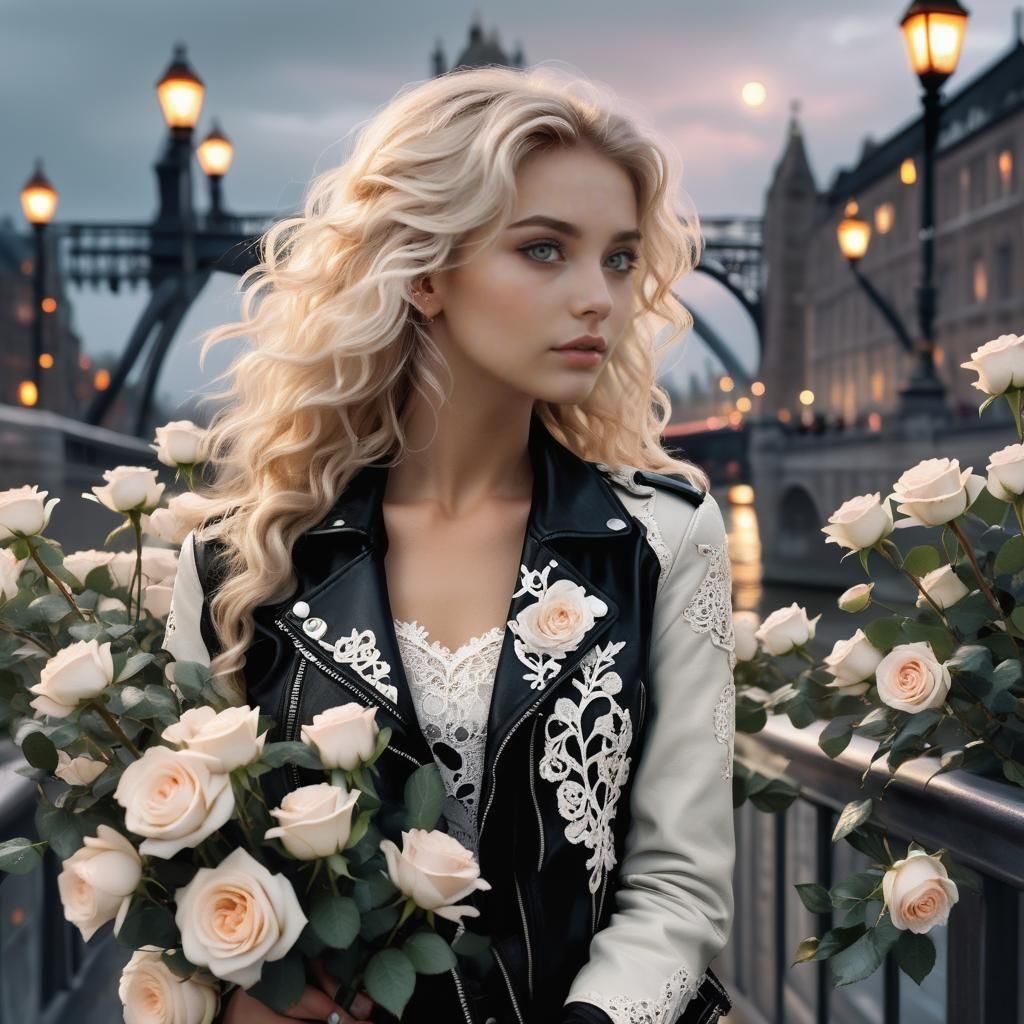 Blonde Woman with Roses on London Bridge