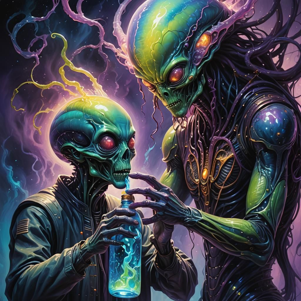 Alien Examines Glowing Bottle in Surreal Fantasy Art
