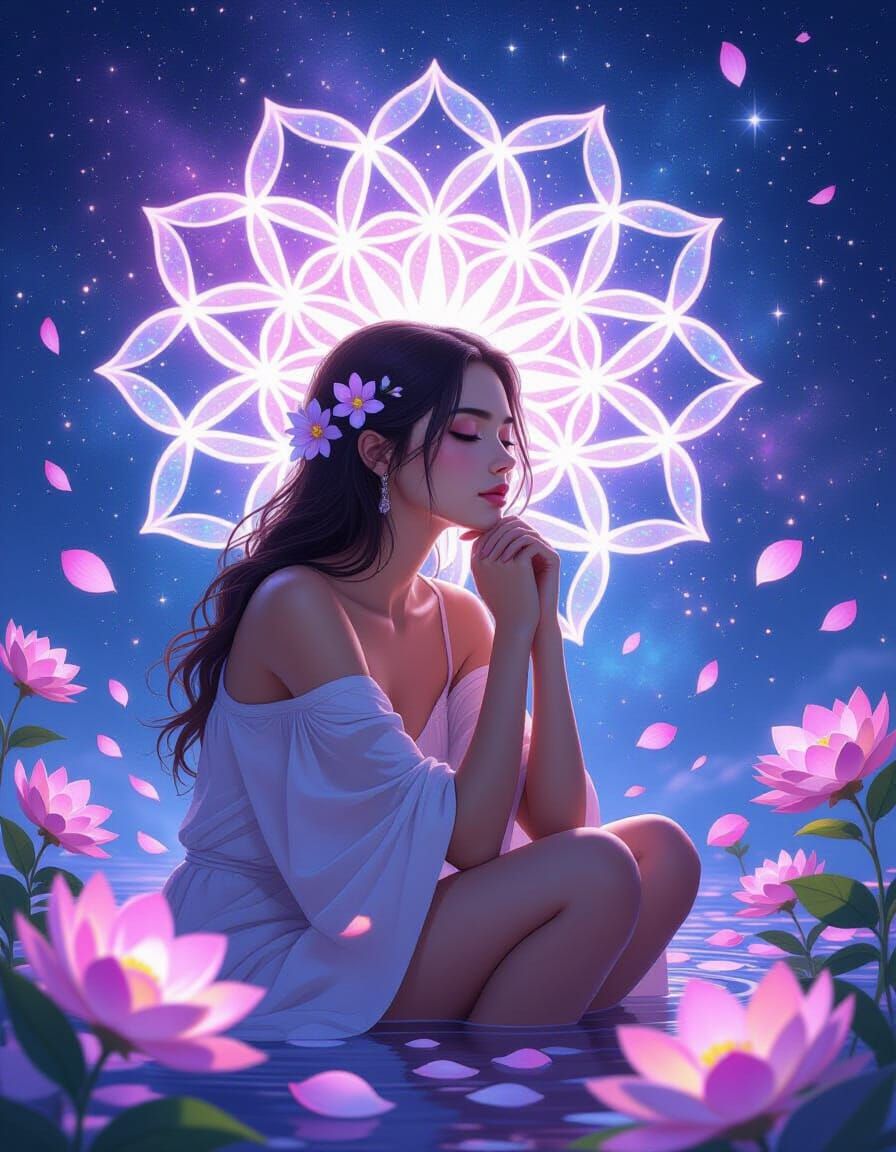 Woman Contemplating Cosmic Flower of Life in Dreamy Style