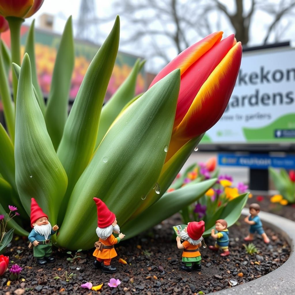 Gnomes Nurture Majestic Tulip in Whimsical Garden Scene