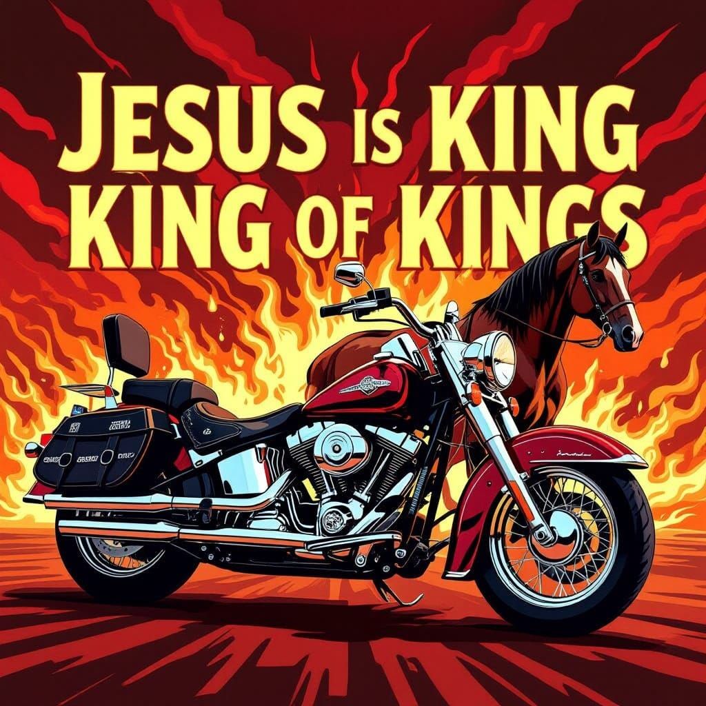 Harley Davidson with Horse and Bible, Jesus is King