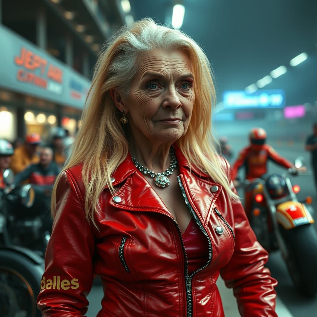 Pit Stop Goddess in Bright Red Leather Jacket and Skirt