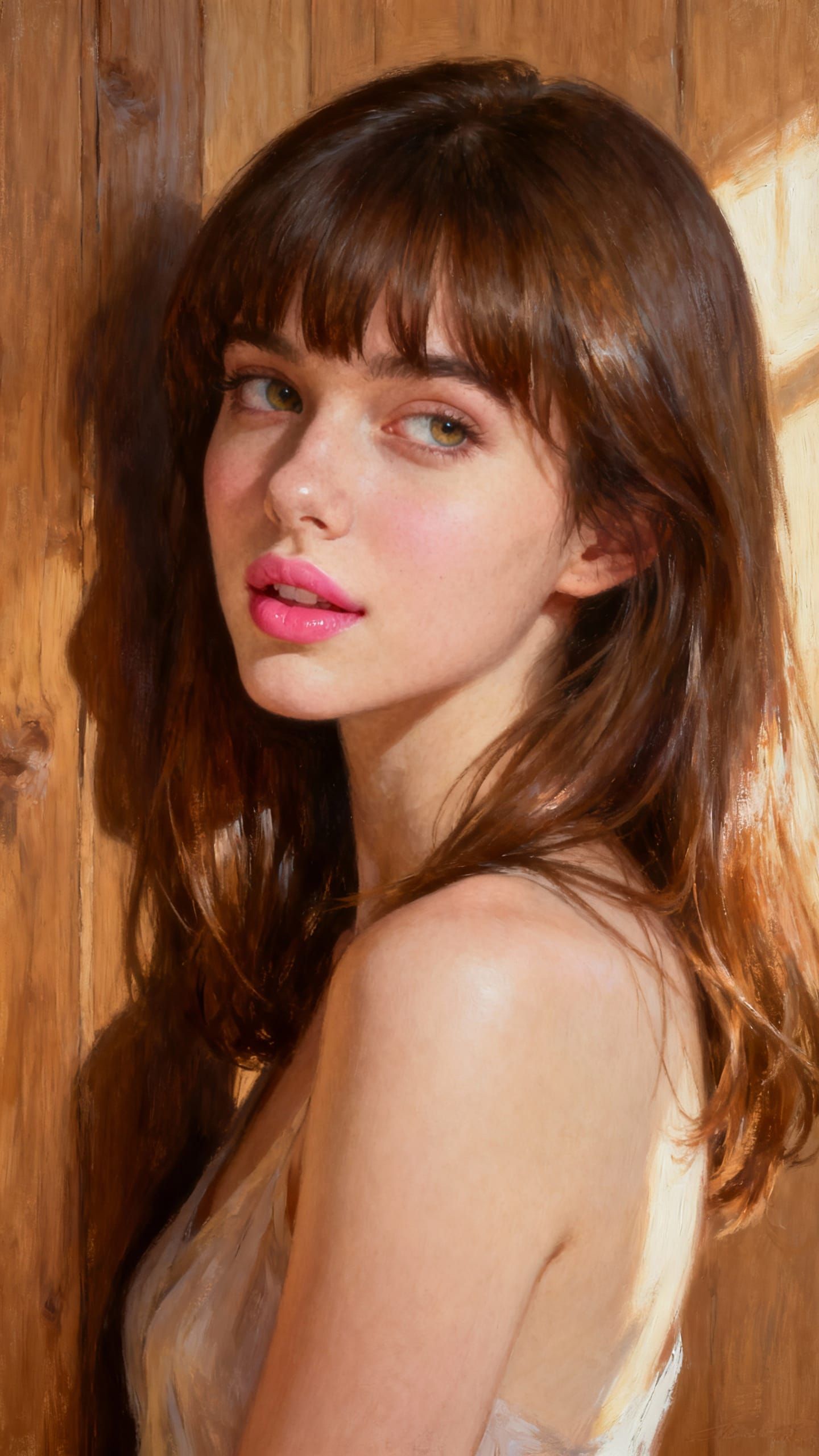 Romantic Realism Portrait of a Woman by Wooden Wall