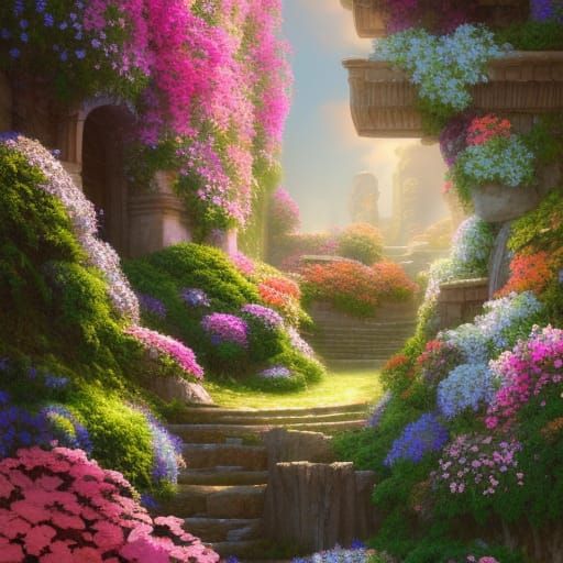 Floral Staircase Leading to Granite Building, Digital Illust...