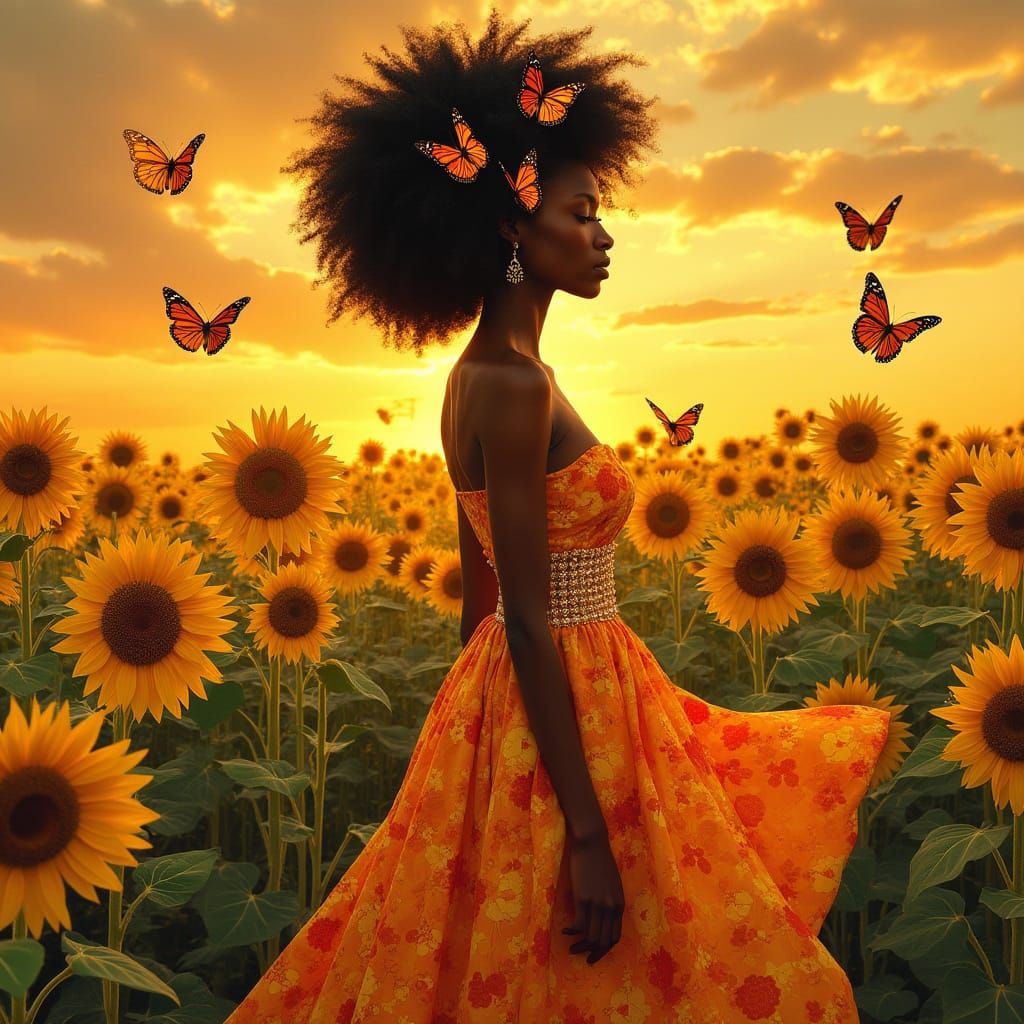 Art Nouveau Woman with Sunflowers and Butterflies
