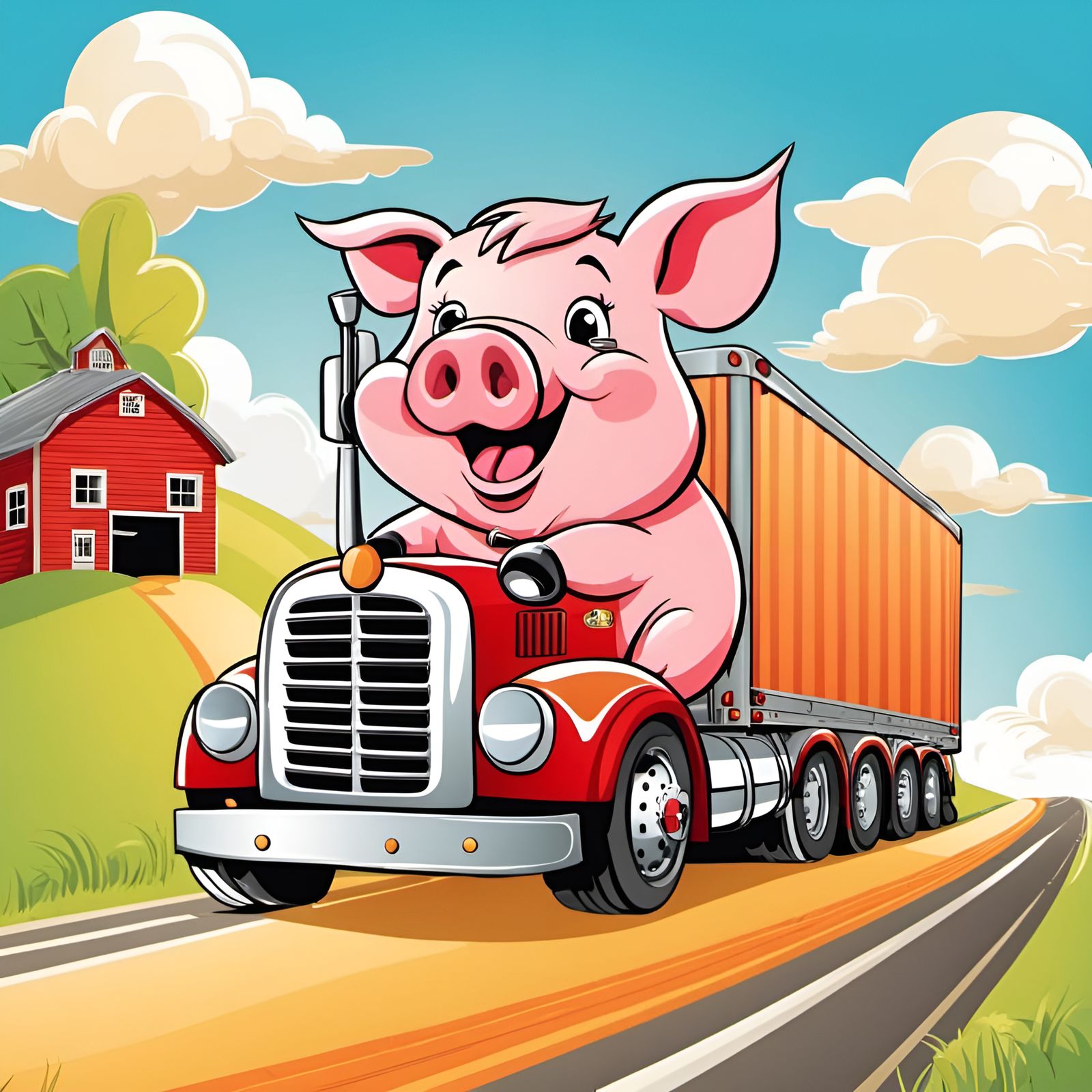 Adorable Pig Driving a Semi Truck on Sunny Day