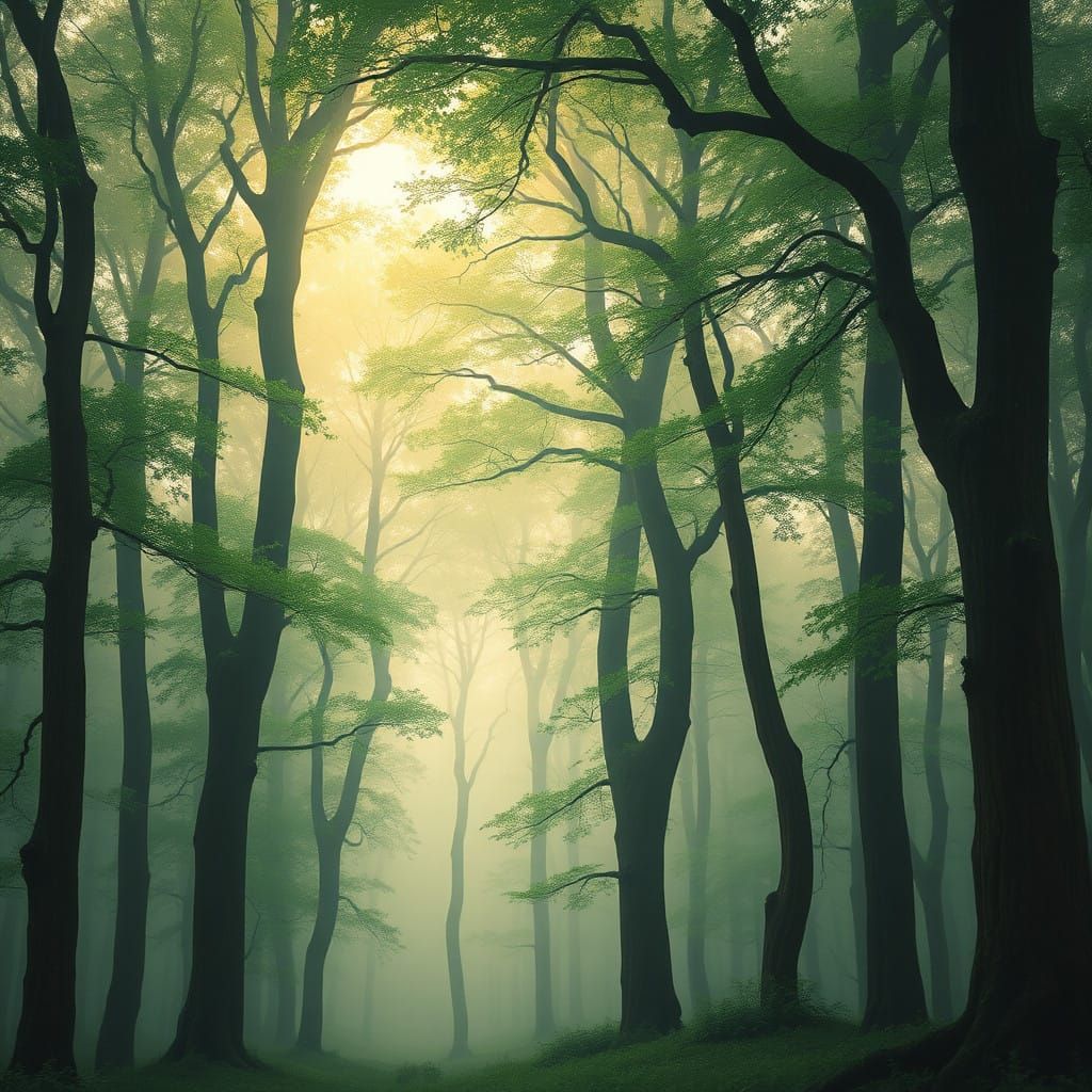 Misty Emerald Forest in Vibrant Green Hues