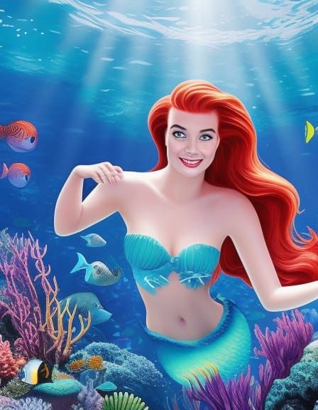 Realistic Mermaid Swimming Underwater with Coral