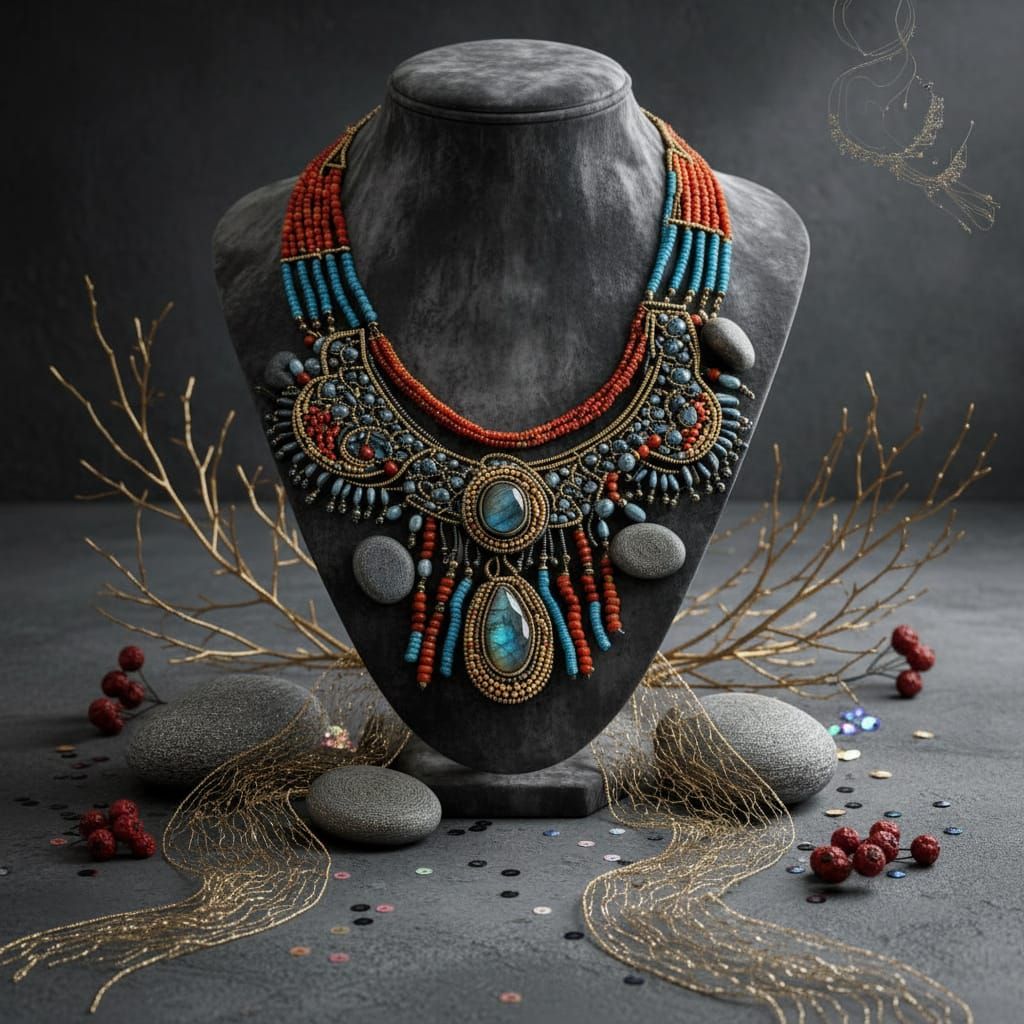 Egyptian Style Necklace with Labradorite and Sardonyx Stones