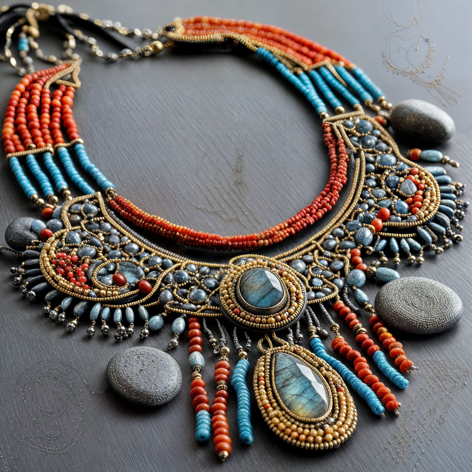 Egyptian Style Necklace with Labradorite and Sardonyx Stones