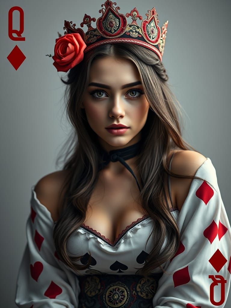 Queen of Spades Playing Card Portrait in Hyperrealistic Styl...