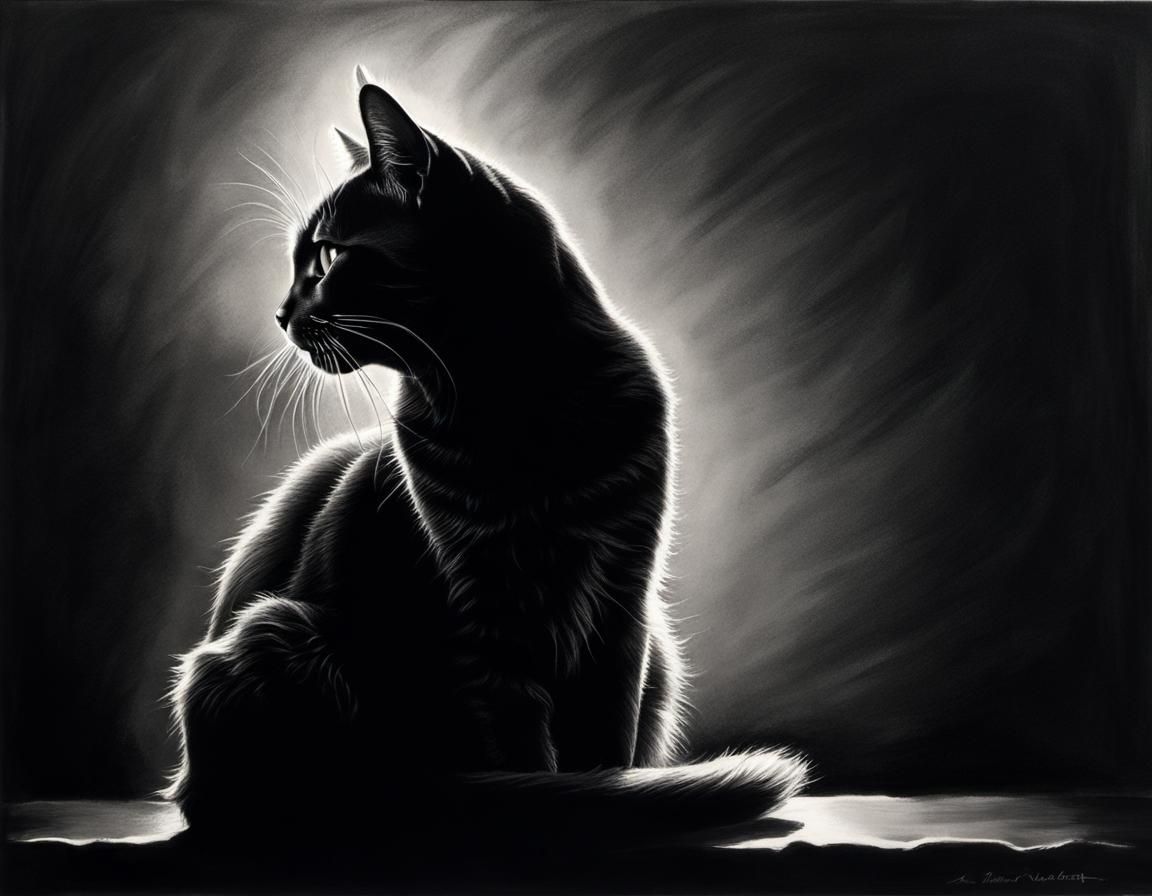 Backlit Cat Silhouette in Charcoal Style