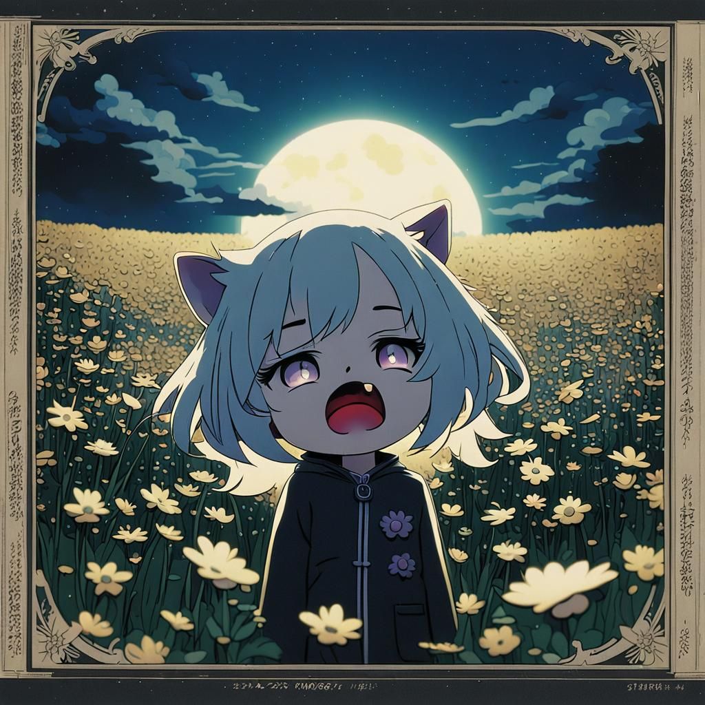 Cute Chibi Catgirl Yawning Under Moonlight: Anime Style