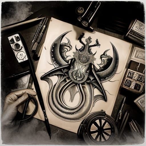 C'thulhu Tentacled Dragon Ink Sketch in Sepia