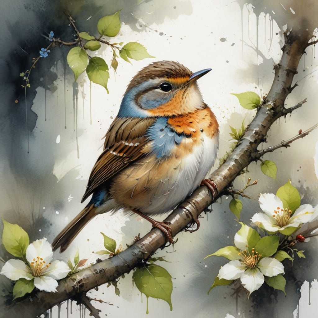 Watercolor Portrait of a Plump Wren on an Apple Blossom Tree