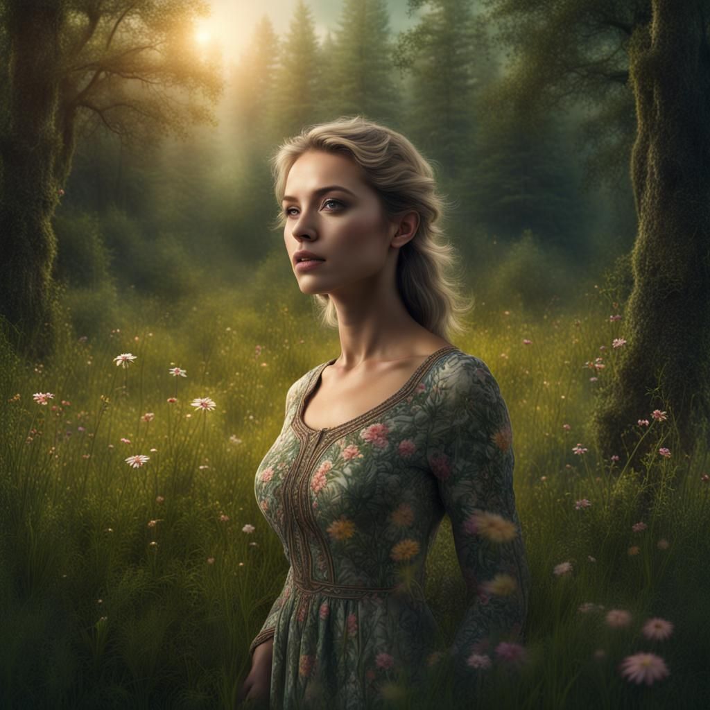 Meadow Portrait Illusion, Maximalist Digital Painting