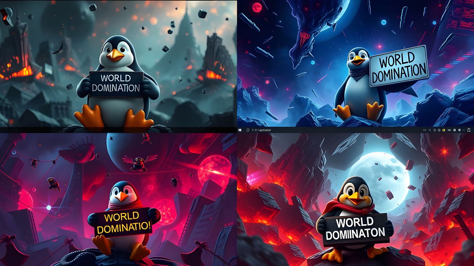 Cyberpunk Penguin Hero Battles Windows 11 in Fantastical Hel...