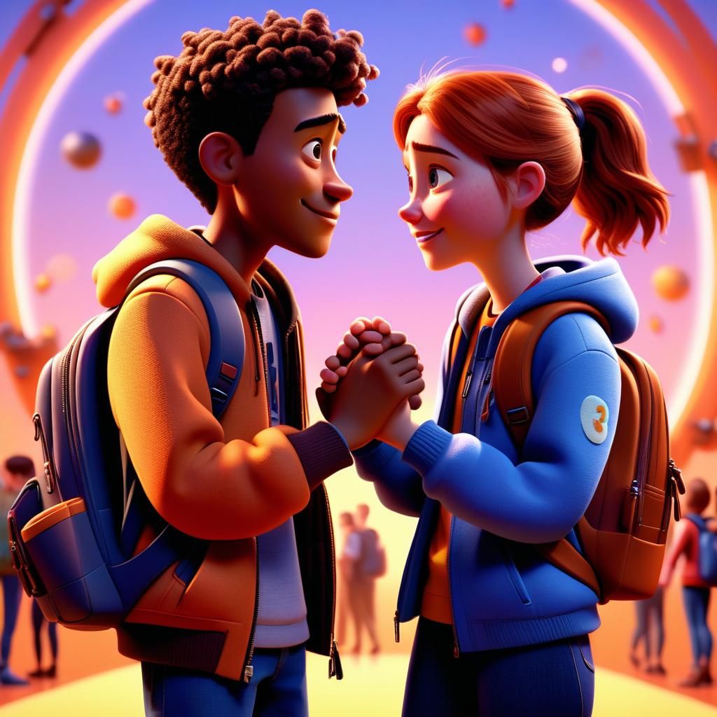 Students Welcoming Each Other: Pixar-Inspired 3D Animation