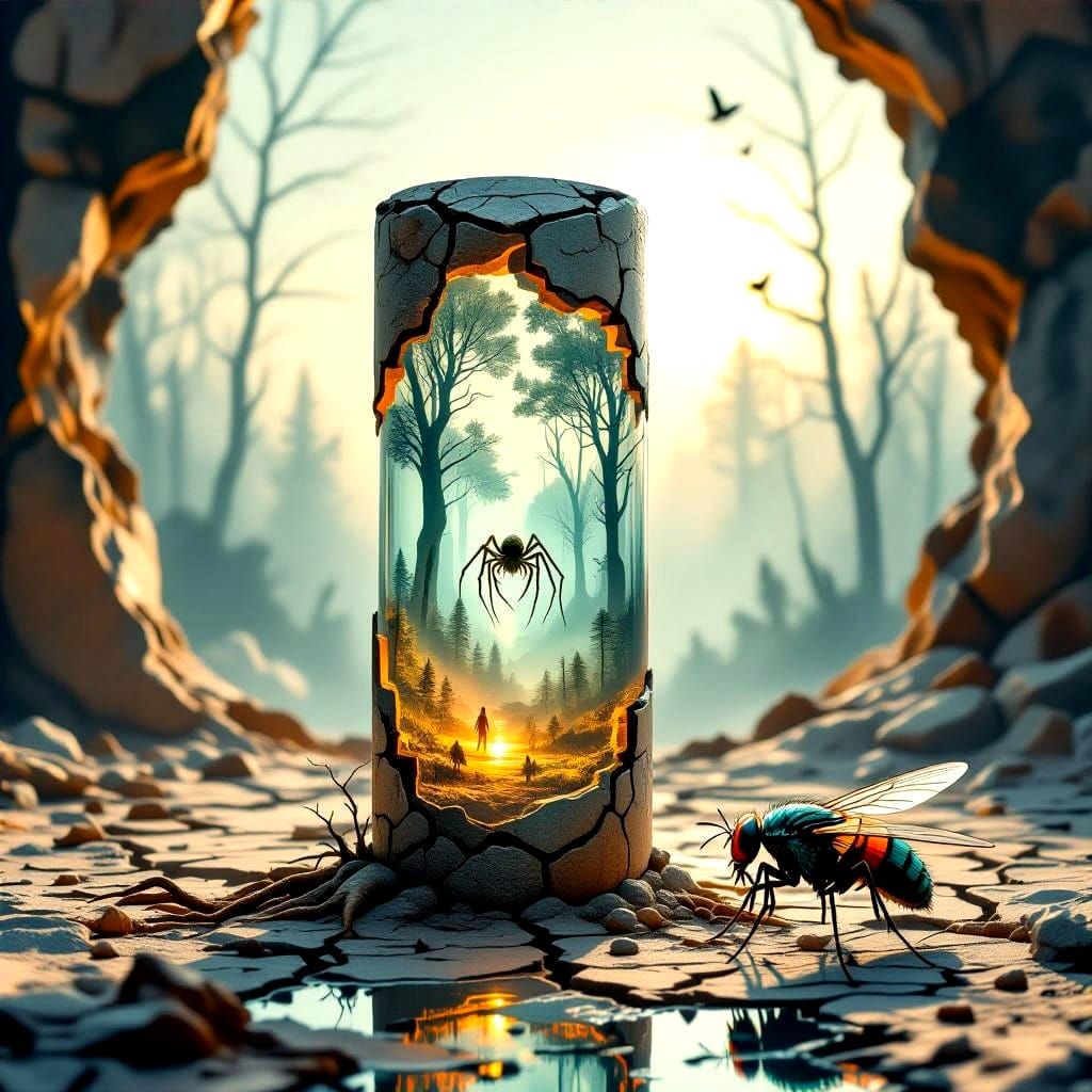 Surreal Fossil Structure with Mutant and Giant Fly