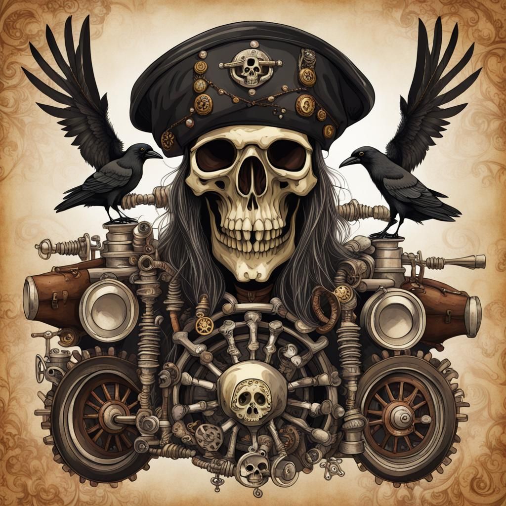 Steampunk Engine with Hippie Pirate Skull Motif