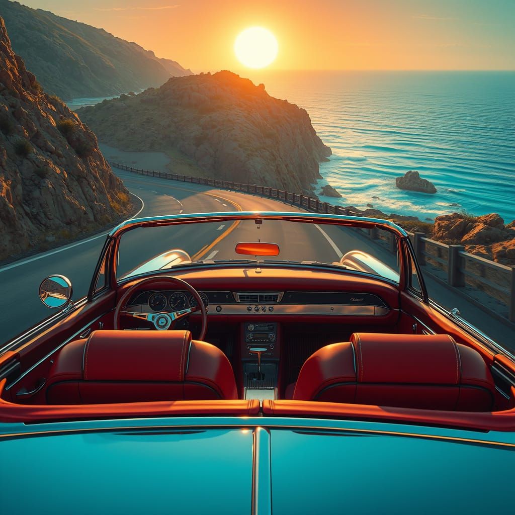 Vintage Convertible Cruises Coastal Highway at Sunset