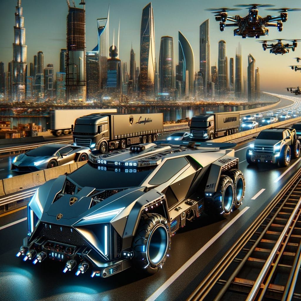 Futuristic Lamborghini-Inspired Armored Trucks on 2050 Highw...